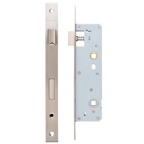 Slim Bathroom Lock Square, Stricking Plate & Fixing Screw – Satin Steel Finish
